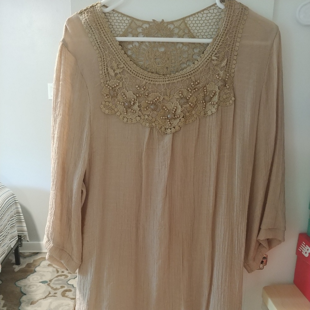 Long Beige Blouse W/ Lace & Detail